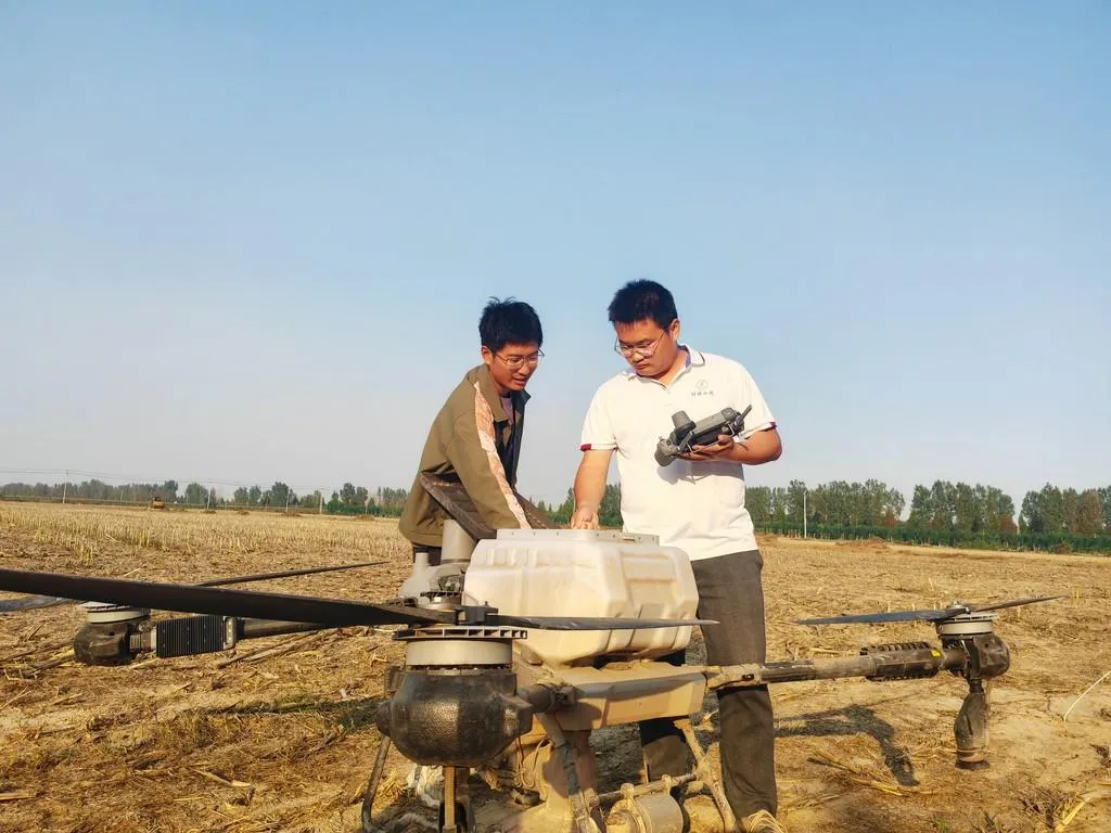 In the 1000-mu demonstration field of Quzhou County drones are used to spread fertilizer In the 1000-mu demonstration field of Quzhou County drones are used to spread fertilizer